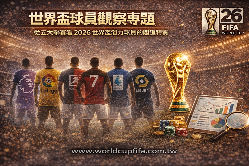 世界盃球員觀察主視覺,呈現五大聯賽球員剪影與 2026 世界盃潛力趨勢分析