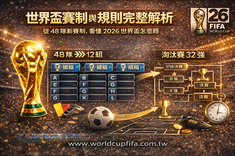 世界盃賽制與規則解析主視覺,呈現 2026 世界盃 48 隊賽制與淘汰賽流程示意