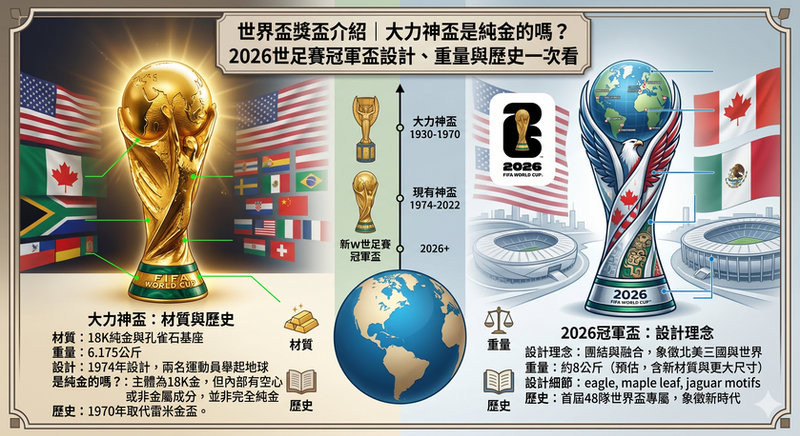 世界盃獎盃介紹資訊圖,解析大力神盃材質、重量、歷史演變與 2026 世界盃冠軍盃設計概念